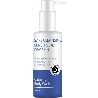 Dermistry Sensitive & Dry Skin Thick Cream Body Wash, Shea & Cocoa Butter Blue Berry, Safe Mild Gentle Cleanser, Moisturizing Revitalizing Wash For Winter, Suits All Skin Types Women Men, 200 ml