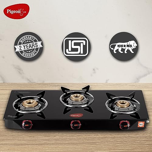Pigeon by Stovekraft Aster 3 Burner Gas Stove with High Powered Brass Burner Gas Cooktop, Cooktop with Glass Top and Powder Coated Body, Black, Manual Ignition, Standard (14267)