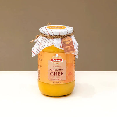 Indicow Organic Dairy Foods Pure Authentic A2 Gir cow Ghee | Bilona Curd-Churned, Cruelty-Free, Ayurvedic| Grass Fed Cows (1000ml(1ltr), Gir) | Glass Packaging