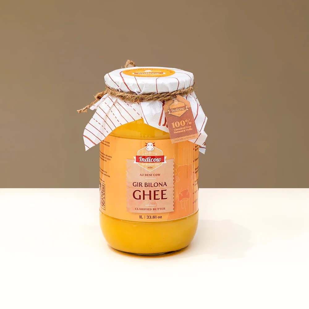 Indicow Organic Dairy Foods Pure Authentic A2 Gir cow Ghee | Bilona Curd-Churned, Cruelty-Free, Ayurvedic| Grass Fed Cows (1000ml(1ltr), Gir) | Glass Packaging