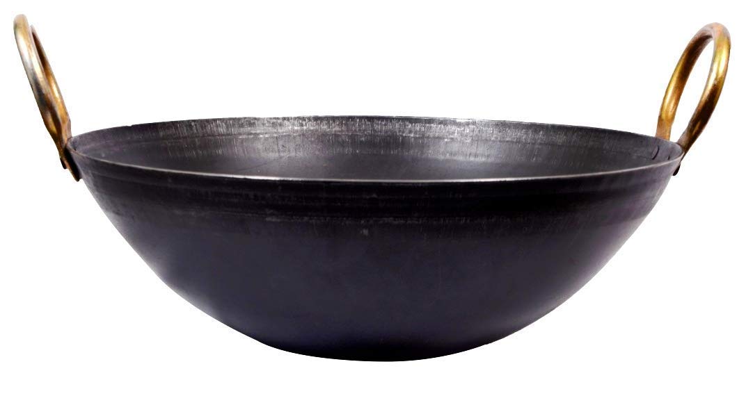 Craftenka Traditional Iron Kadhai Deep Bottom Kadai/Fry Pan/Frying Kadai Handmade Loha Lokhand with Golden Handle 11 INCH / 28 cm