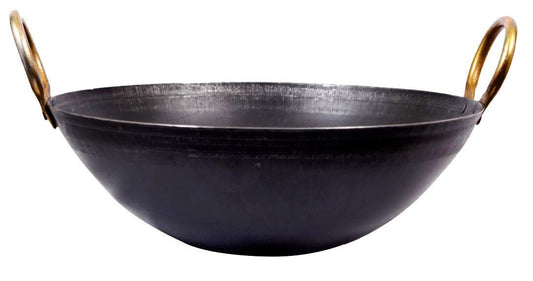 Craftenka Traditional Iron Kadhai Deep Bottom Kadai/Fry Pan/Frying Kadai Handmade Loha Lokhand with Golden Handle 11 INCH / 28 cm