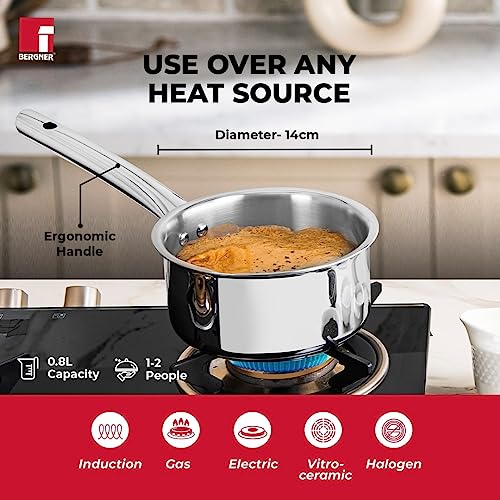 BERGNER Tripro Triply Stainless Steel Saucepan/Tea Pan/Milk Pan, 14 Cm, 1.2 LTR, Chai Pan Without Lid, Induction and Gas Ready, Heavy Bottom, Long Stay Cool Handle, Silver,Polished, 1.2 Liter