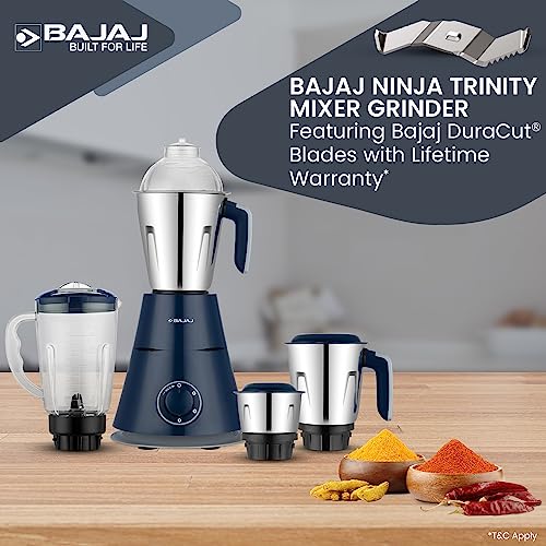 Bajaj Ninja Series Trinity 750W 4 Jar Mixer Grinder| DuraCut Blades by Bajaj|Powerful 750W Titan Motor| 3-SS Jars & 1 Juicer Jar| 5-Yr Warranty by Bajaj| Royal Blue (Indian Plug)
