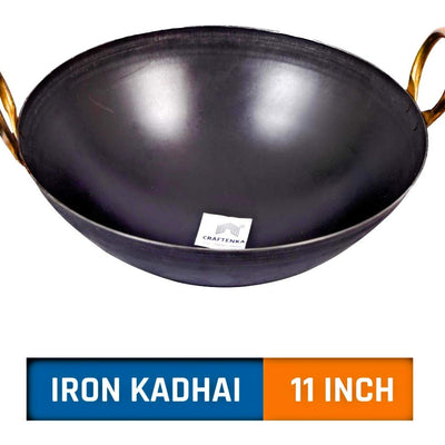 Craftenka Traditional Iron Kadhai Deep Bottom Kadai/Fry Pan/Frying Kadai Handmade Loha Lokhand with Golden Handle 11 INCH / 28 cm