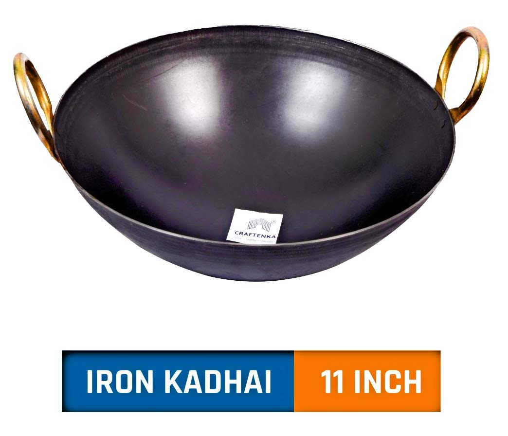 Craftenka Traditional Iron Kadhai Deep Bottom Kadai/Fry Pan/Frying Kadai Handmade Loha Lokhand with Golden Handle 11 INCH / 28 cm