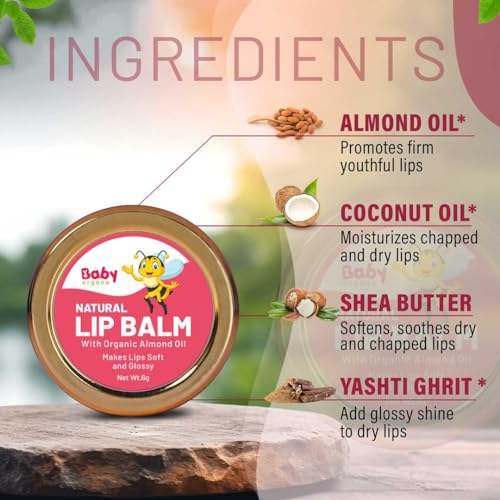 Babyorgano Natural Lip Balm Beetroot Flavor Dry, Chapped Lips Nourish & Protects Infused with Yashti Ghrit for Kids - 8gm