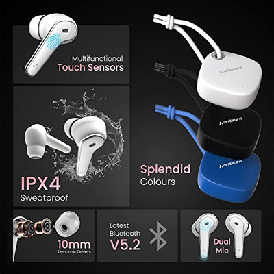 Ambrane Dots Dew True Wireless In Ear Earbuds with Up to 30 Hrs Playtime, Environmental Noise Cancellation, Latest Bluetooth V5.2, 10mm Drivers with BoostedBass, Lightweight, IPX4 Splash Proof (White)