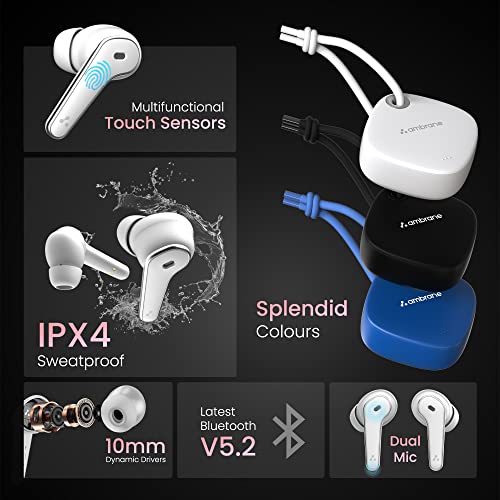 Ambrane Dots Dew True Wireless In Ear Earbuds with Up to 30 Hrs Playtime, Environmental Noise Cancellation, Latest Bluetooth V5.2, 10mm Drivers with BoostedBass, Lightweight, IPX4 Splash Proof (White)