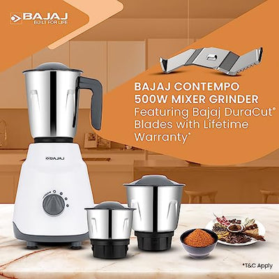 Bajaj Ninja Series Contempo 500W Mixer Grinder|3 Stainless Steel Jar|DuraCut Blades by Bajaj|2-in-1 function blade| Pulse Mode| 2 Warranty by Bajaj| Grey (Indian Plug)