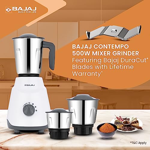 Bajaj Ninja Series Contempo 500W Mixer Grinder|3 Stainless Steel Jar|DuraCut Blades by Bajaj|2-in-1 function blade| Pulse Mode| 2 Warranty by Bajaj| Grey (Indian Plug)