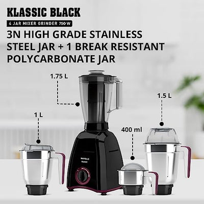 Havells Klassic 750 Watt 4 Jar Mixer Grinder, 21000 RPM Heavy Duty Universal Motor, 304 SS Blades, Large Size Break Resistant JarLids With Twist & Lock Mechanism- Black