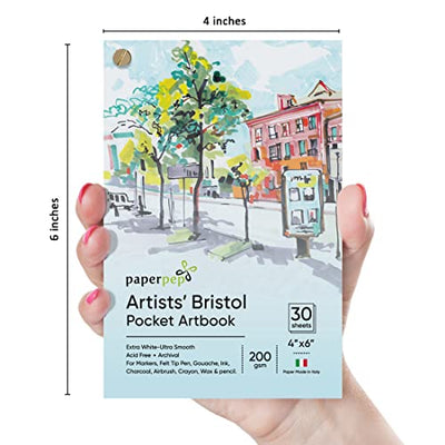 PaperPep Bristol Pocket Art Book 200GSM 4"X6" 30 Sheets for Solvent Based Markers, Felt Tip Pen, Gouache, Ink, Charcoal, Airbrush, Crayon, Pencil, Illustration, Design & Manga for Artists' & Amateurs…
