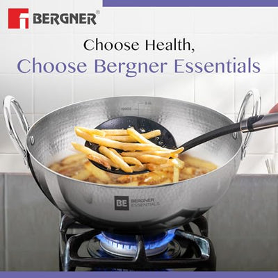BERGNER BE Essentials 16 cm Hammered Kadai, 990ml Kadhai Without Lid, Thickness 2.2 mm, Food Safe, Sturdy and Durable, Easy to Clean, Gas Stove Ready, Dishwasher Safe, 5-Year Warranty, Silver