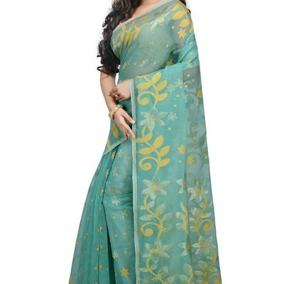 BENGAL HANDLOOM Women's Cotton Silk Flower Dhakai Allover Soft Jamdani Sarees, Blue