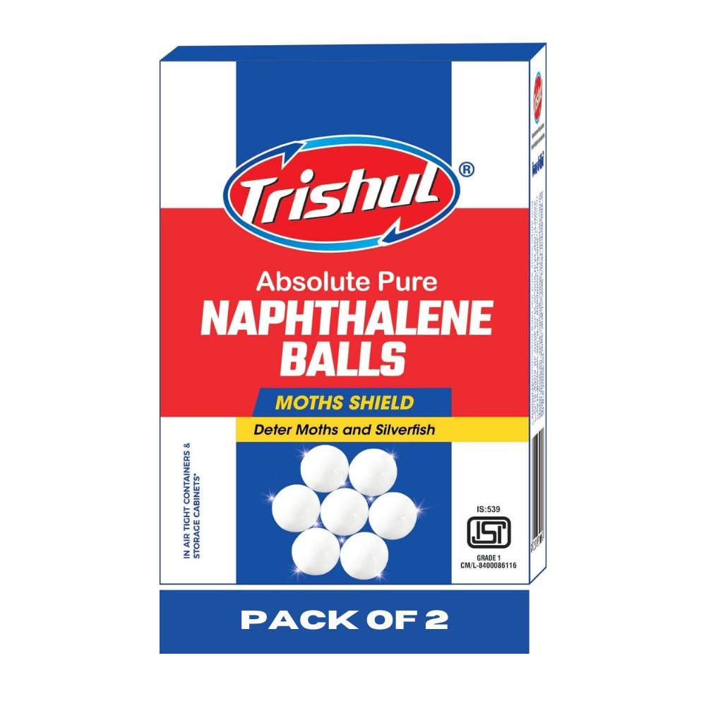 Trishul Naphthalene Balls for Clothes | Bathroom | Wardrobe | Moth, Protect Clothes 100% Safe | Smell Free | Stain-Free/Germs Free, ISI Marked | 200 Gram | White | Pack of 2 |