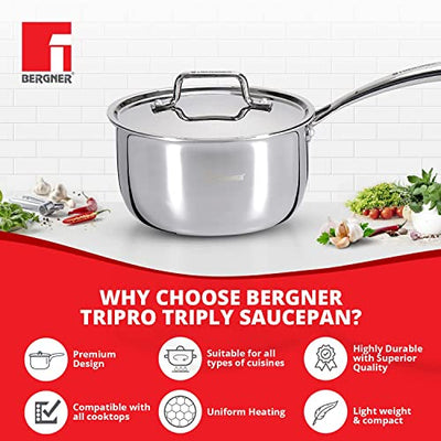 Bergner TriPro Tri-ply Stainless Steel Saucepan with Stainless Steel Lid 18 cm, 2.45 Litre, Induction Base, Silver