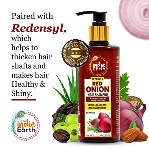 4x The Indie Earth Advanced Red Onion Shampoo 300ml/10 Fl.Oz with 15+ natural ingredients including Red Onion, Curry Leaf & Indian Alkanet Root - Pack of 4