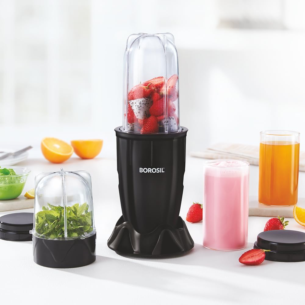 Borosil NutriFresh Portable Mini-Blender & Grinder, 500 ml Blending Jar, 300 ml Chutney Jar, For Blending Smoothies & Chutneys, Dry Grinding Spices, Black, 400 W