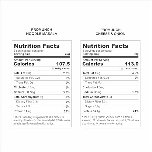 PROMUNCH Roasted Soya Snack - Pack of 2, Flavour: Noodle Masala and Cheese & Onion - 150G Each