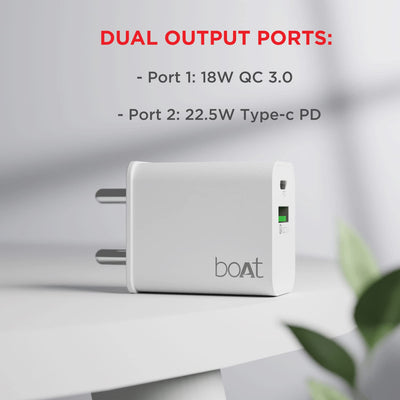 boAt WCDV 22.5W Dual Port Wall Charger with 18W Quick Charge 3.0 & 22.5W Power Delivery Support, Smart IC Protection, Auto Detection, Corrosion Resistant Pins & PD Cable(White)