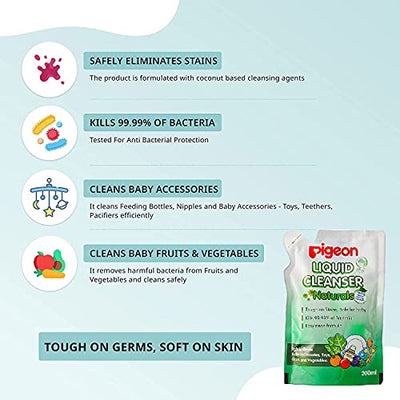 Pigeon Liquid Cleanser Naturals Refill ,PH Friendly,No Added Color,No Added Alcohol,Natural Cleanser,For baby Feeding Bottle,Bood bowls,Feeding Accessories,Fruits and Vegetables,200 ml,Pack of 2