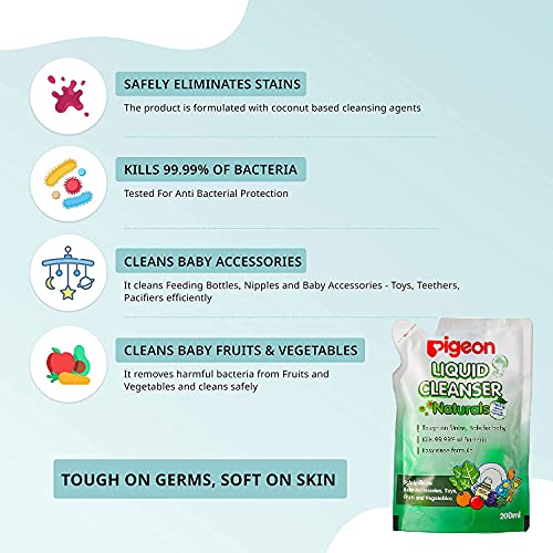 Pigeon Liquid Cleanser Naturals Refill ,PH Friendly,No Added Color,No Added Alcohol,Natural Cleanser,For baby Feeding Bottle,Bood bowls,Feeding Accessories,Fruits and Vegetables,200 ml,Pack of 2