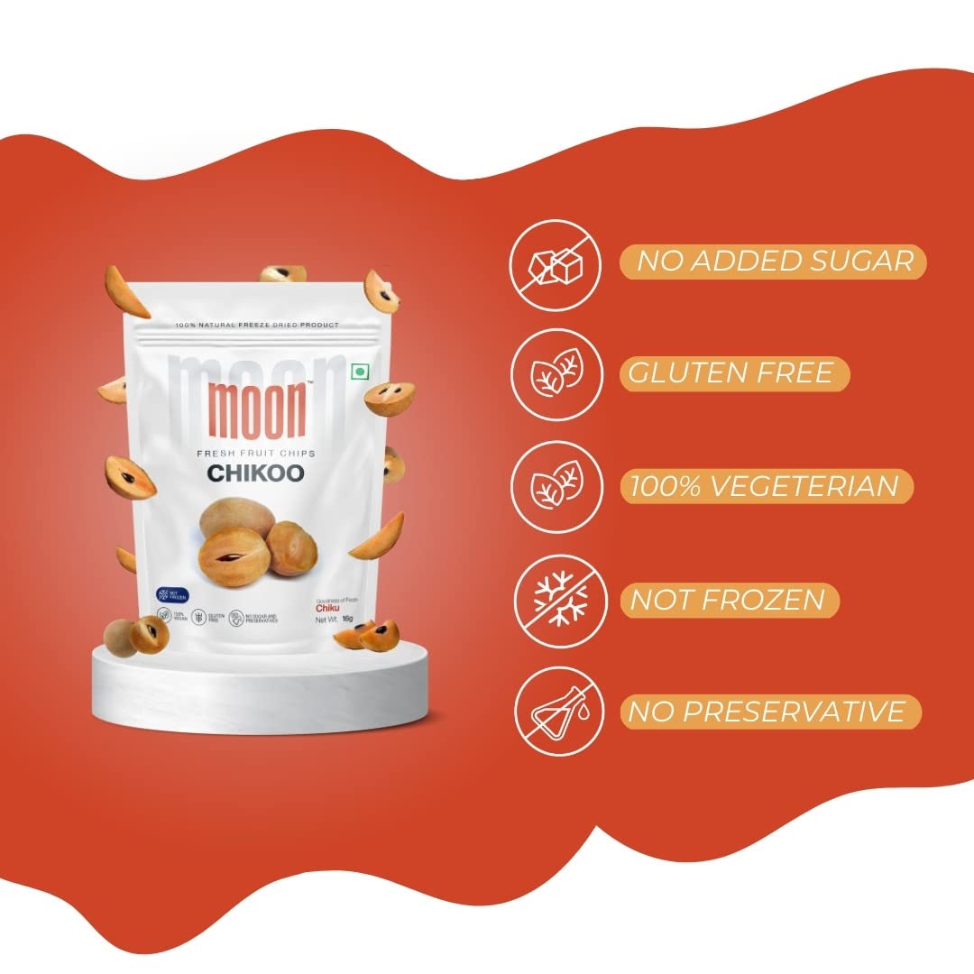 Moon Freeze Dried Chikoo | Healthy Chikoo Snack | 100% Natural, Vegan, No Preservatives, No Added Sugar | 16Gm | Pack of 01