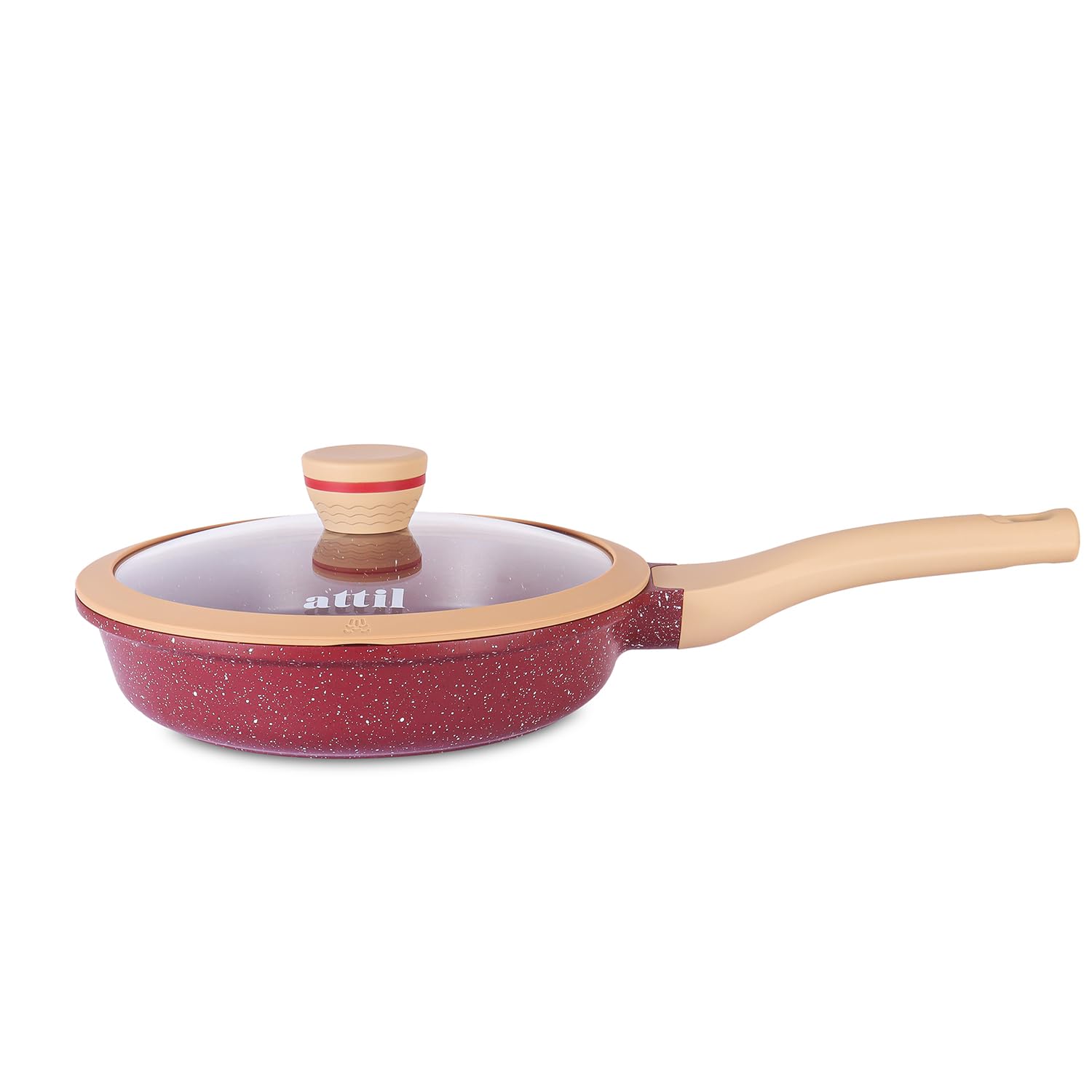ATTIL - 28 cm Non-Stick Fry Pan with Glass Lid and Silicone Spatula - Induction Base - Granite Cookware Frying Pan - 2.5 LTR - Granite Red