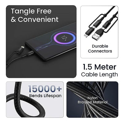 Ambrane 4-in-1 Type-C & Lightning Cable with 60W Fast Charging, 480Mbps Data Sync, PD Technology, Compatible with All Type-C and Apple Devices, 1.2m (ACQCS-12 Black)