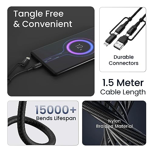 Ambrane 4-in-1 Type-C & Lightning Cable with 60W Fast Charging, 480Mbps Data Sync, PD Technology, Compatible with All Type-C and Apple Devices, 1.2m (ACQCS-12 Black)