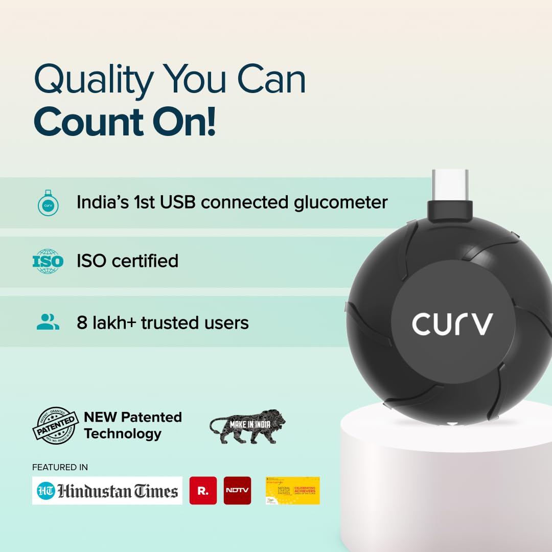 BeatO CURV Sugar Test Machine | FREE 50 Strips & 50 Lancets (Type-C USB Connector) | Simple & accurate testing of Blood sugar levels at home |Smartphone Connected Glucometer Machine | Android only | ISO Certified: Made in India
