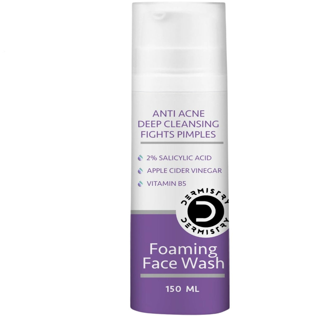 Dermistry 2% Salicylic Acid Niacinamide Anti Acne Deep Cleanser Oil Free Foaming Face Wash, Apple Cider, Zinc, Pimples & Excess Oil Removal for Oily Acne Pimple Prone Skin Men Women