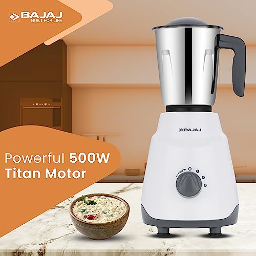 Bajaj Ninja Series Contempo 500W Mixer Grinder|3 Stainless Steel Jar|DuraCut Blades by Bajaj|2-in-1 function blade| Pulse Mode| 2 Warranty by Bajaj| Grey (Indian Plug)