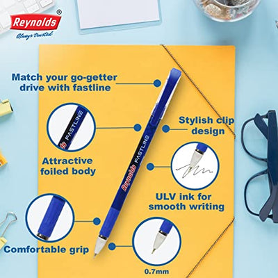 Reynolds Fastline 0.7mm Ball Pen - Blue Ink, Pack of 25