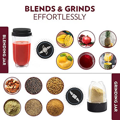 Borosil Plastic Nutrifresh Pb31 Portable Mini-Blender & Grinder, 500 Ml Blending Jar, 300 Ml Chutney Jar, For Blending Smoothies & Chutneys, Dry Grinding Spices, Black, 400 W, 400 Watt
