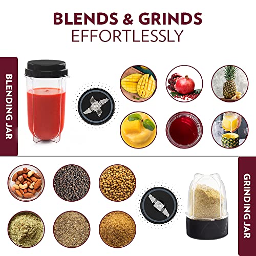 Borosil Plastic Nutrifresh Pb31 Portable Mini-Blender & Grinder, 500 Ml Blending Jar, 300 Ml Chutney Jar, For Blending Smoothies & Chutneys, Dry Grinding Spices, Black, 400 W, 400 Watt