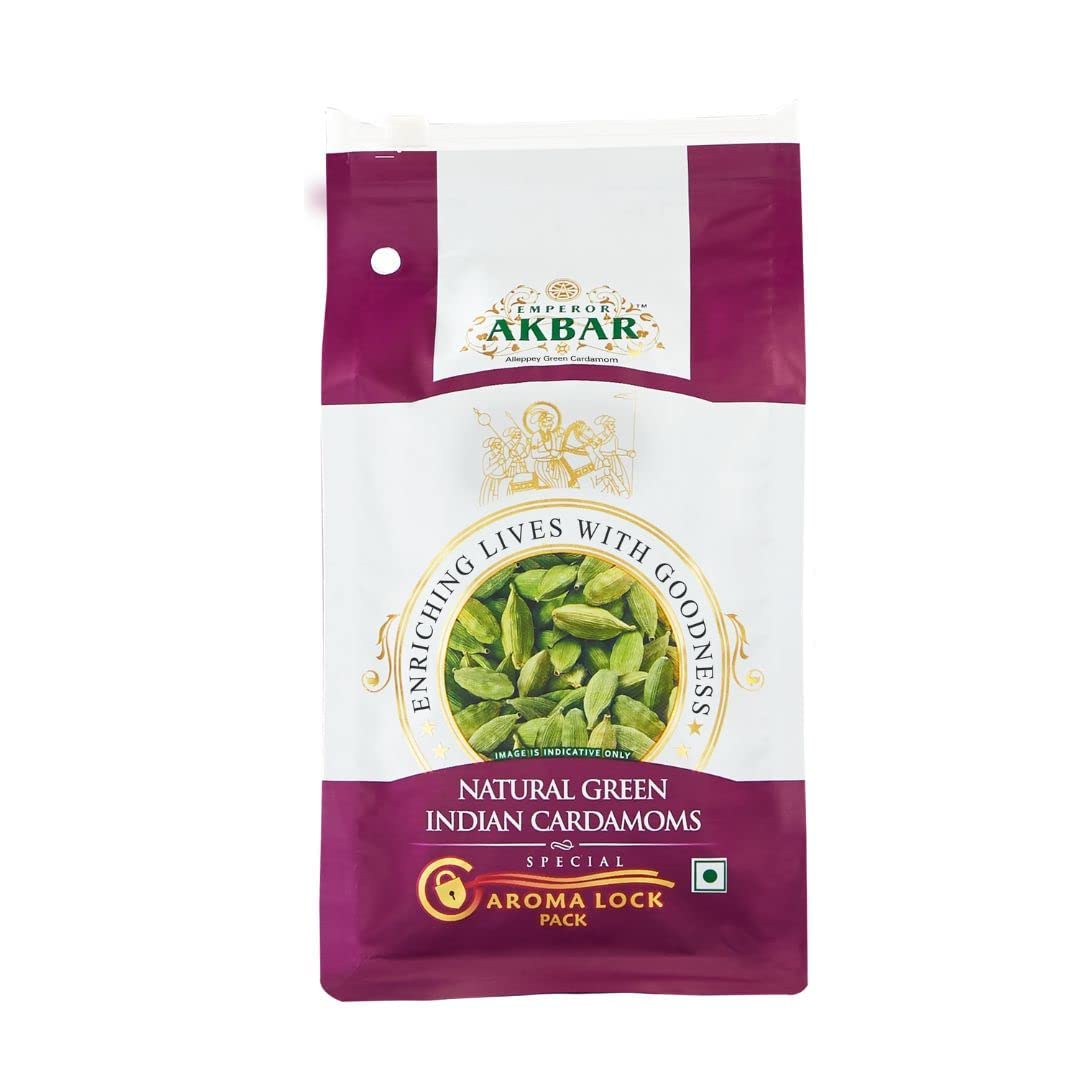 Emperor Akbar Cardamom (Elaichi)- 250 Gram - Green Cardamom In Superior Aroma-Lock Pack (Purple Grade - 8Mm Above)