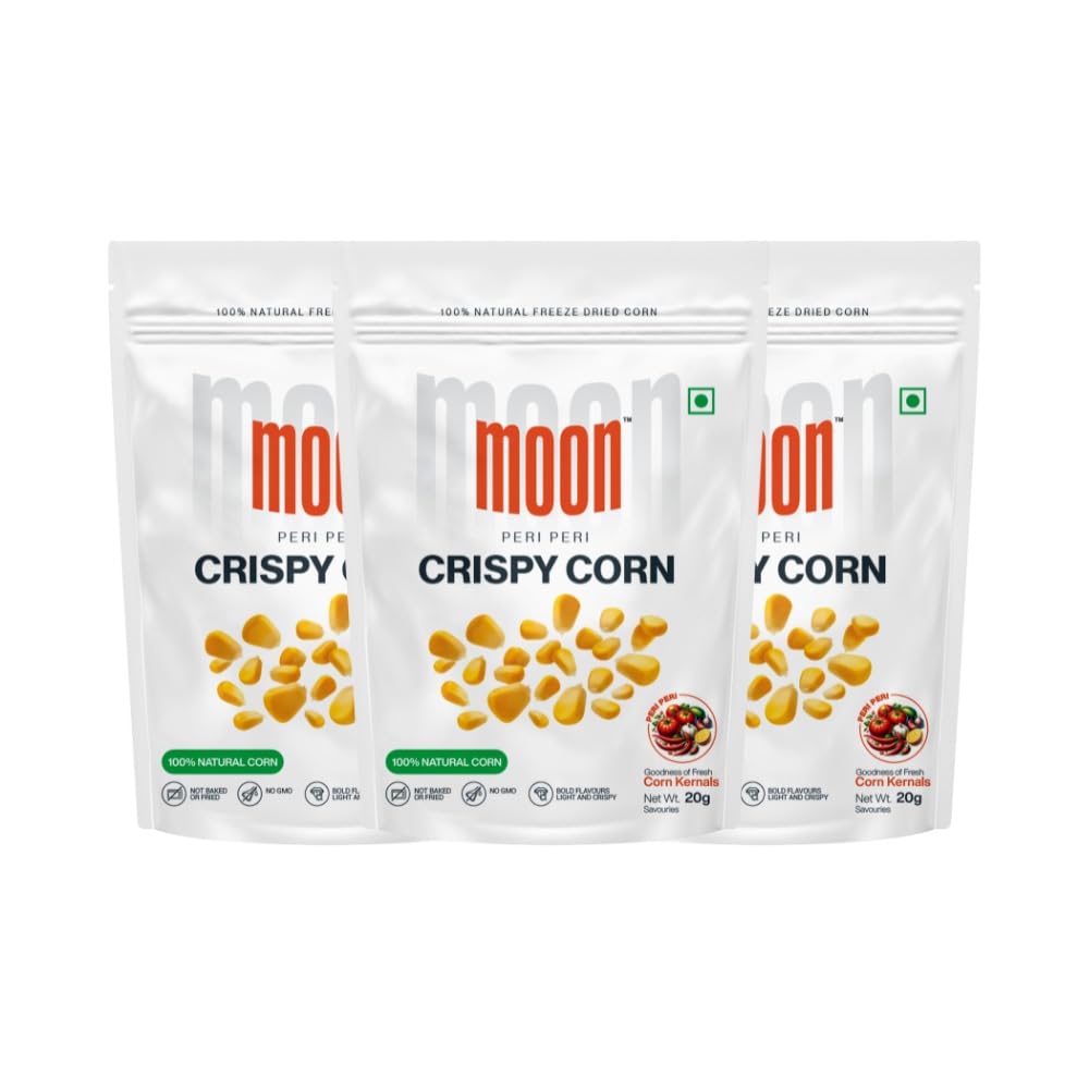 Moon Freeze Dried Peri Peri Crispy Corn 20g Pack of 03 |Not Baked or Fried | No GMO |No Oil & Preservatives | Healthy Snacks | High Protein | Source of Fiber | Gluten-Free | Low Fat | Assorted Pack | 100% Natural Light & Crispy Corn