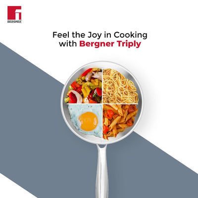 BERGNER Argent TriPly 20 cm Frypan/Steel Pan, Scratch Resistant, for Spice Tempering/Seasoning, Stay Cool Long Handle, Mirror Finish, Induction Ready, 5-Year Warranty by Bergner