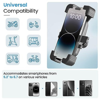 Ambrane Mobile Phone Holder Stand for Bikes, Autos, 360° Rotation, One-Click Locking, Anti-Shaking Design, Securely Holds 5.2" to 6.7" Phones, Perfect for GPS Navigation (MotoGrip)