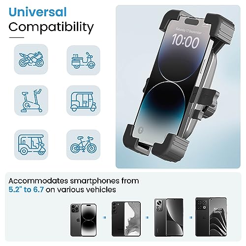 Ambrane Mobile Phone Holder Stand for Bikes, Autos, 360° Rotation, One-Click Locking, Anti-Shaking Design, Securely Holds 5.2" to 6.7" Phones, Perfect for GPS Navigation (MotoGrip)