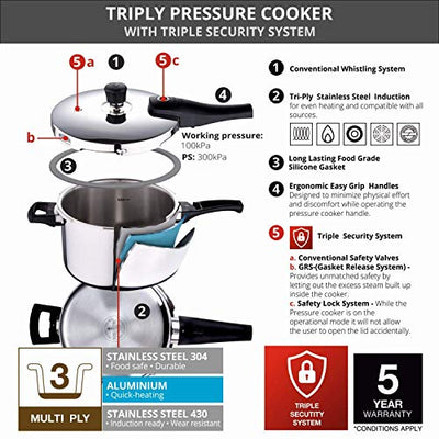 Bergner Argent Elements Triply 2.5 Litres Stainelss Steel Pressure Pan with Triple Safety System, Easy to Use & Hold Handles, Extra locking system