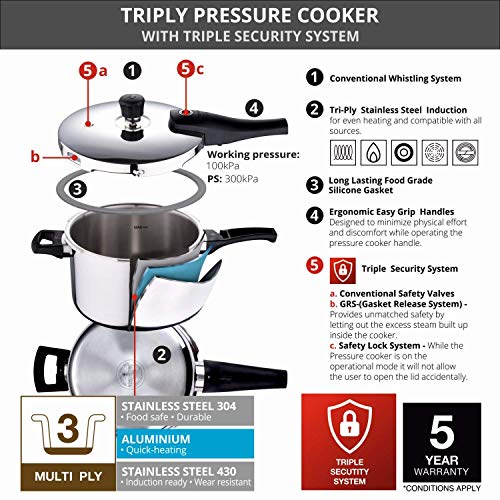 Bergner Argent Elements Triply 2.5 Litres Stainelss Steel Pressure Pan with Triple Safety System, Easy to Use & Hold Handles, Extra locking system