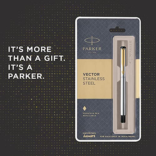 Parker Vector Stainless Steel Gold Trim Fountain Pen - Blue Ink, Pack Of 1