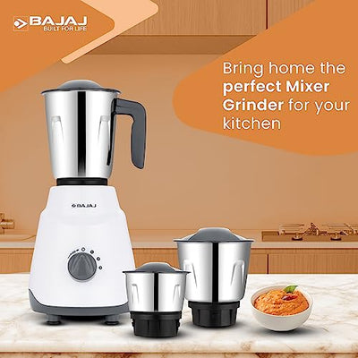 Bajaj Ninja Series Contempo 500W Mixer Grinder|3 Stainless Steel Jar|DuraCut Blades by Bajaj|2-in-1 function blade| Pulse Mode| 2 Warranty by Bajaj| Grey (Indian Plug)