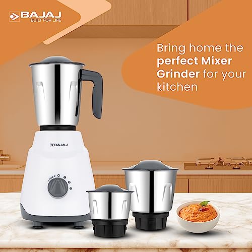 Bajaj Ninja Series Contempo 500W Mixer Grinder|3 Stainless Steel Jar|DuraCut Blades by Bajaj|2-in-1 function blade| Pulse Mode| 2 Warranty by Bajaj| Grey (Indian Plug)