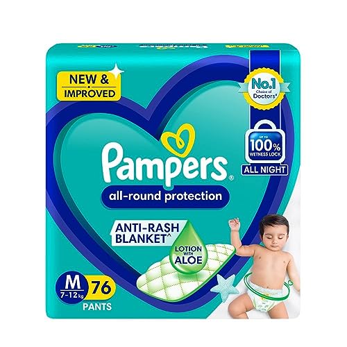 Pampers All round Protection Pants Style Baby Diapers, Medium (M) Size, 76 Count, Anti Rash Blanket, Lotion with Aloe Vera, 7-12kg Diapers