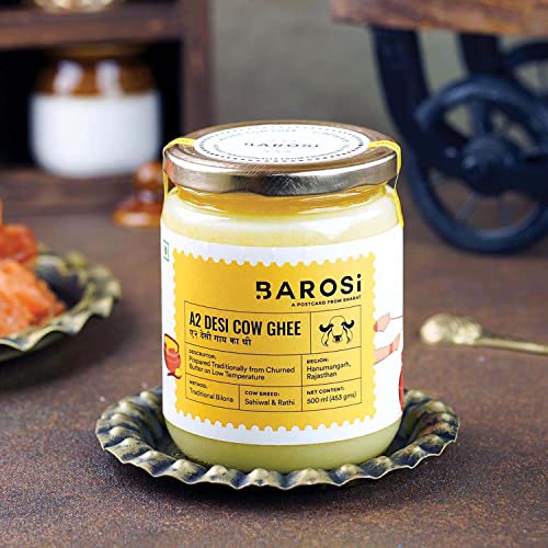 Barosi Premium A2 Cow Ghee 500 ml | A2 Danedar Desi Ghee | Churned from Curd with Bilona Method | Pure & Aromatic | Organic, Farm Made in Small Batches | Glass Jar Packing