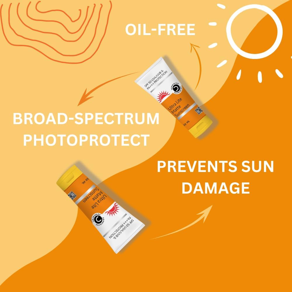 Dermistry Ultra Lite Matte Finish Oil Free SPF 50 Sunscreen, For Oily Acne Prone & All Skin Types, Face Body Moisturizer Daily Use Broad Spectrum No White Cast, Light Water Based Men Women 50ml